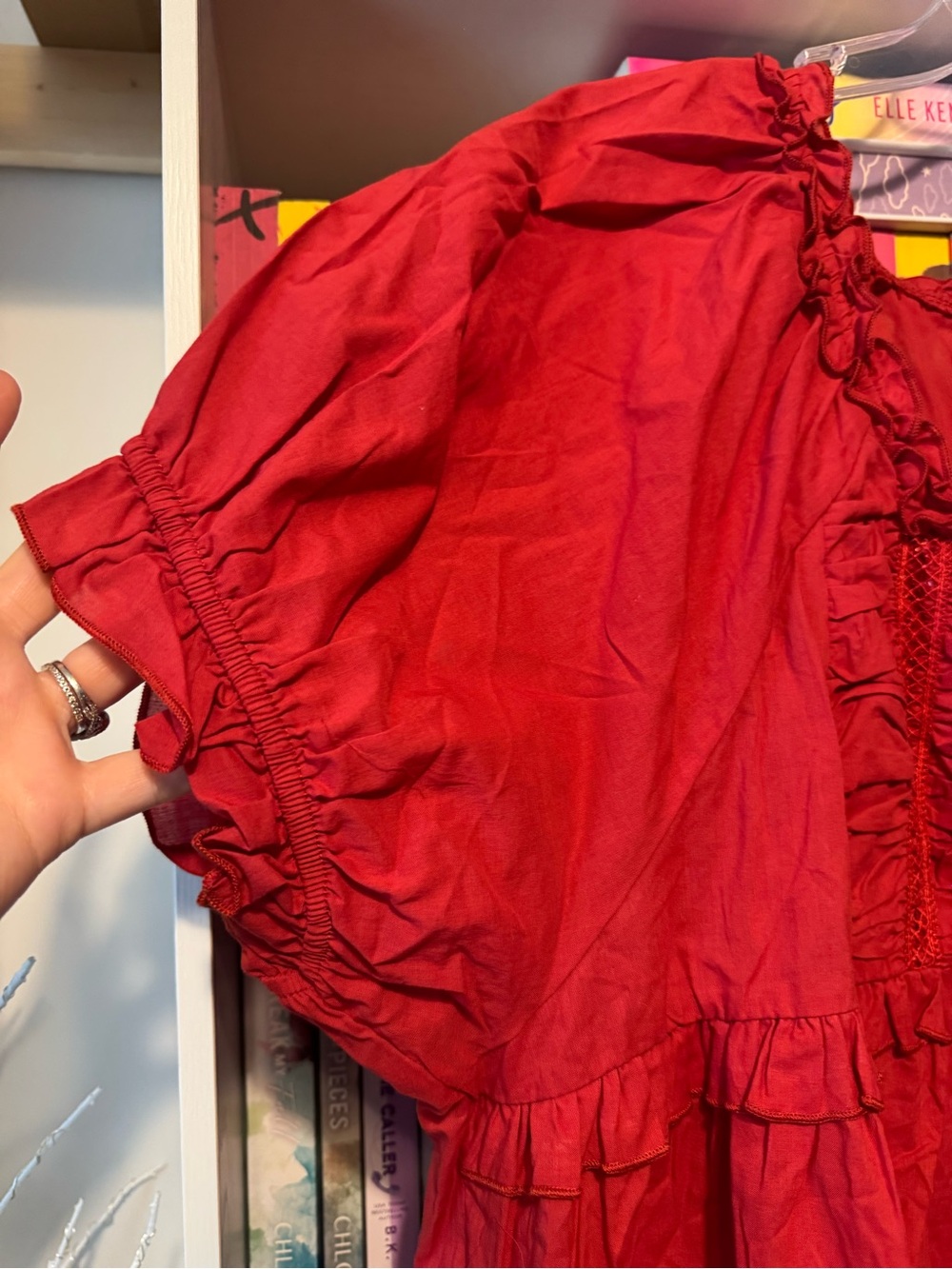 Red Ruffle Button-Front Peasant Blouse - Picture 5 of 12